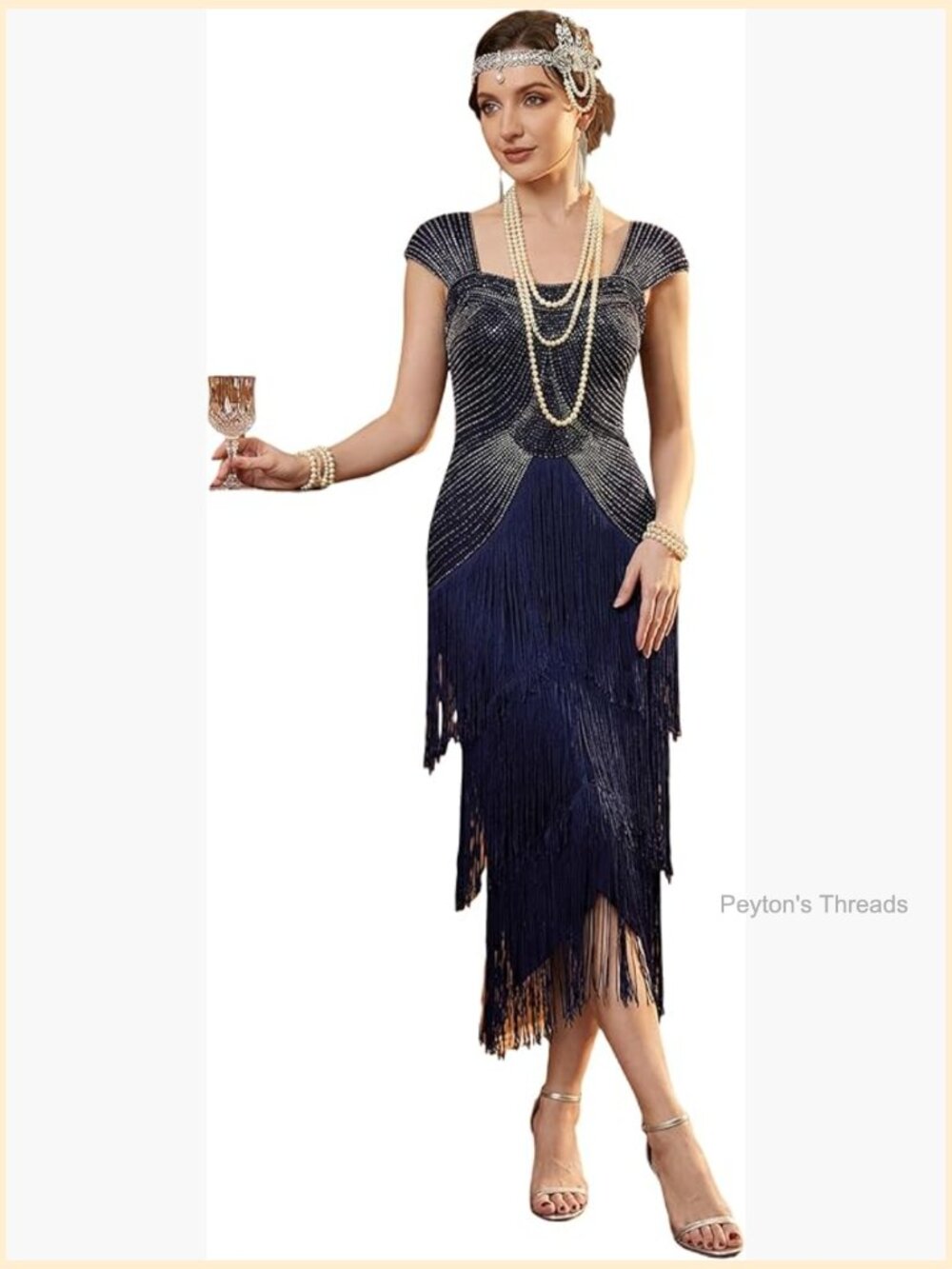 Navy Beaded Fringe Midi Dress